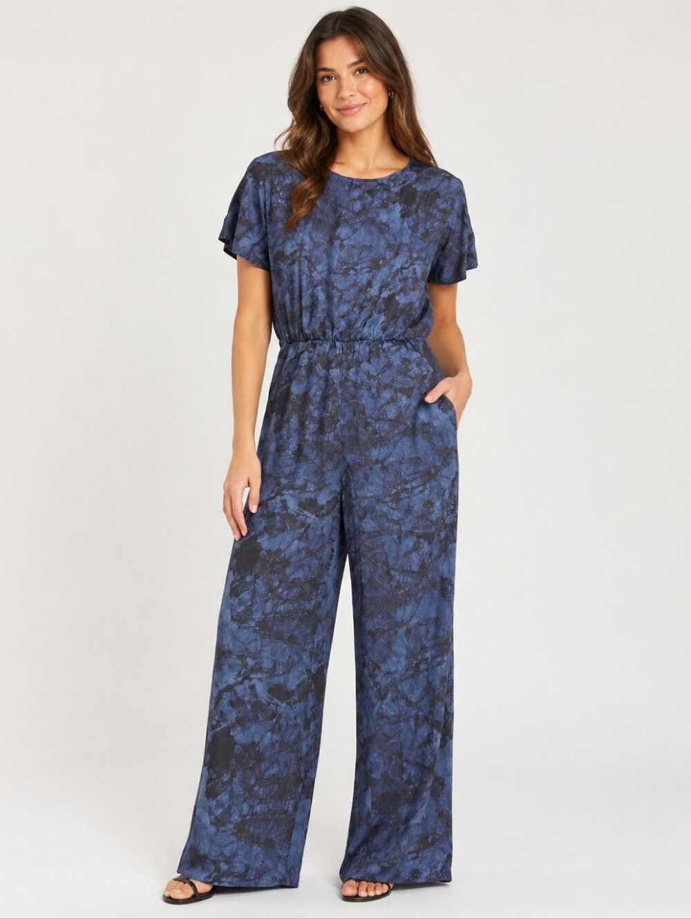 Halston Women’s Blue Black Abstract Print Wide Leg Jumpsuit Size M